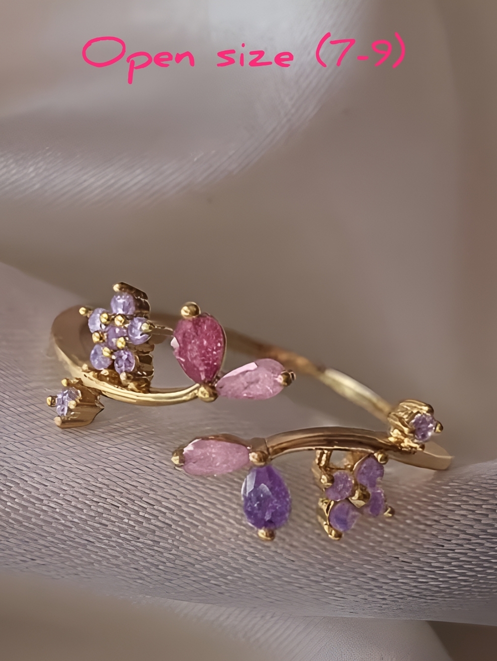 Beautiful multi color crystals Floral ring, Open size 7-9